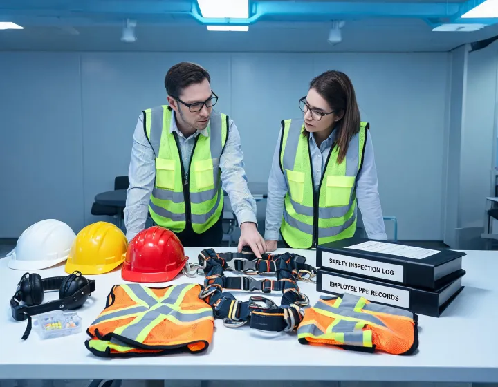 Safety team reviewing PPE kits in a command room